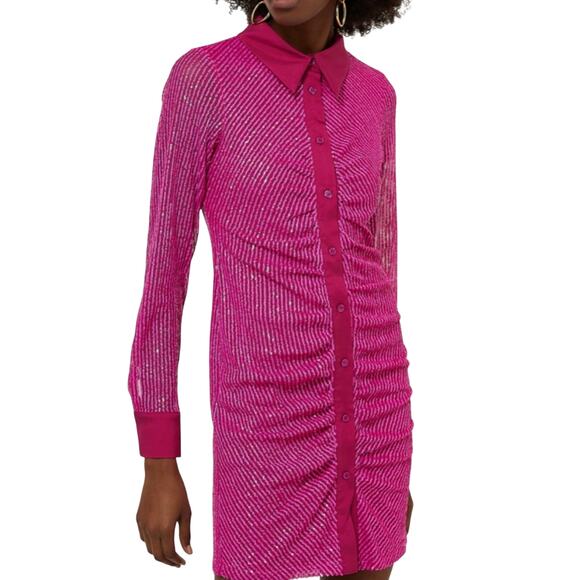 In The Mood For Love Lina Hot Pink Barbie Sequin Ruched Button Up Mini Dress M - Picture 16 of 16